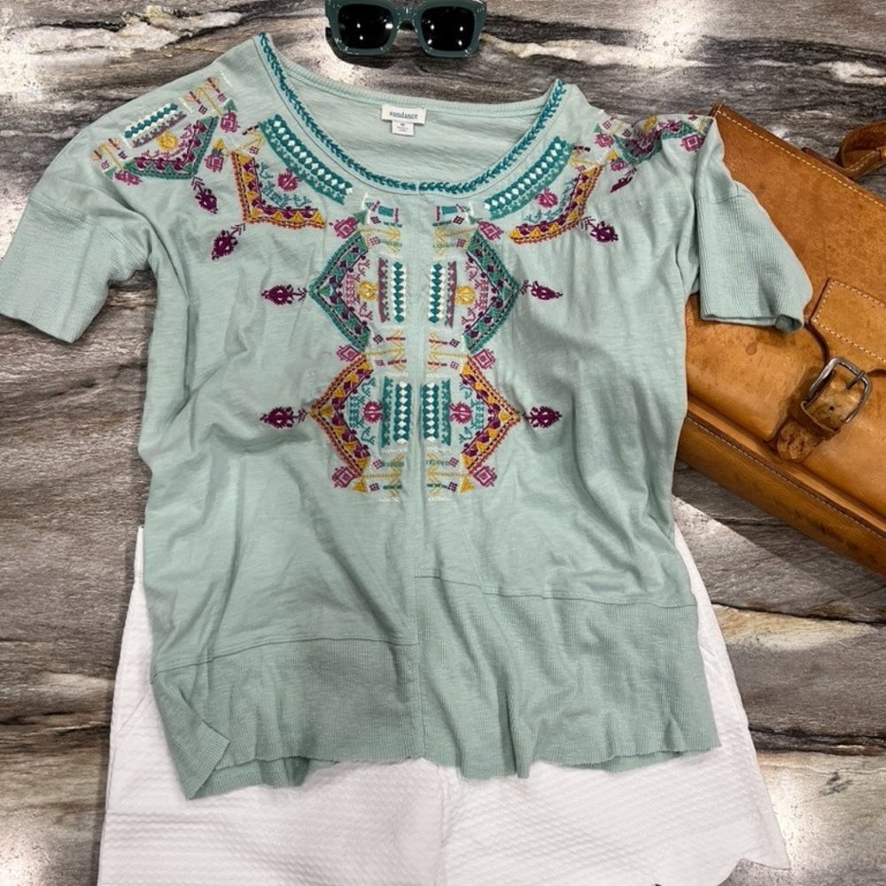 Sundance Sundance Elevated Tee Pale Turquoise Embroidered  Tee SZ M